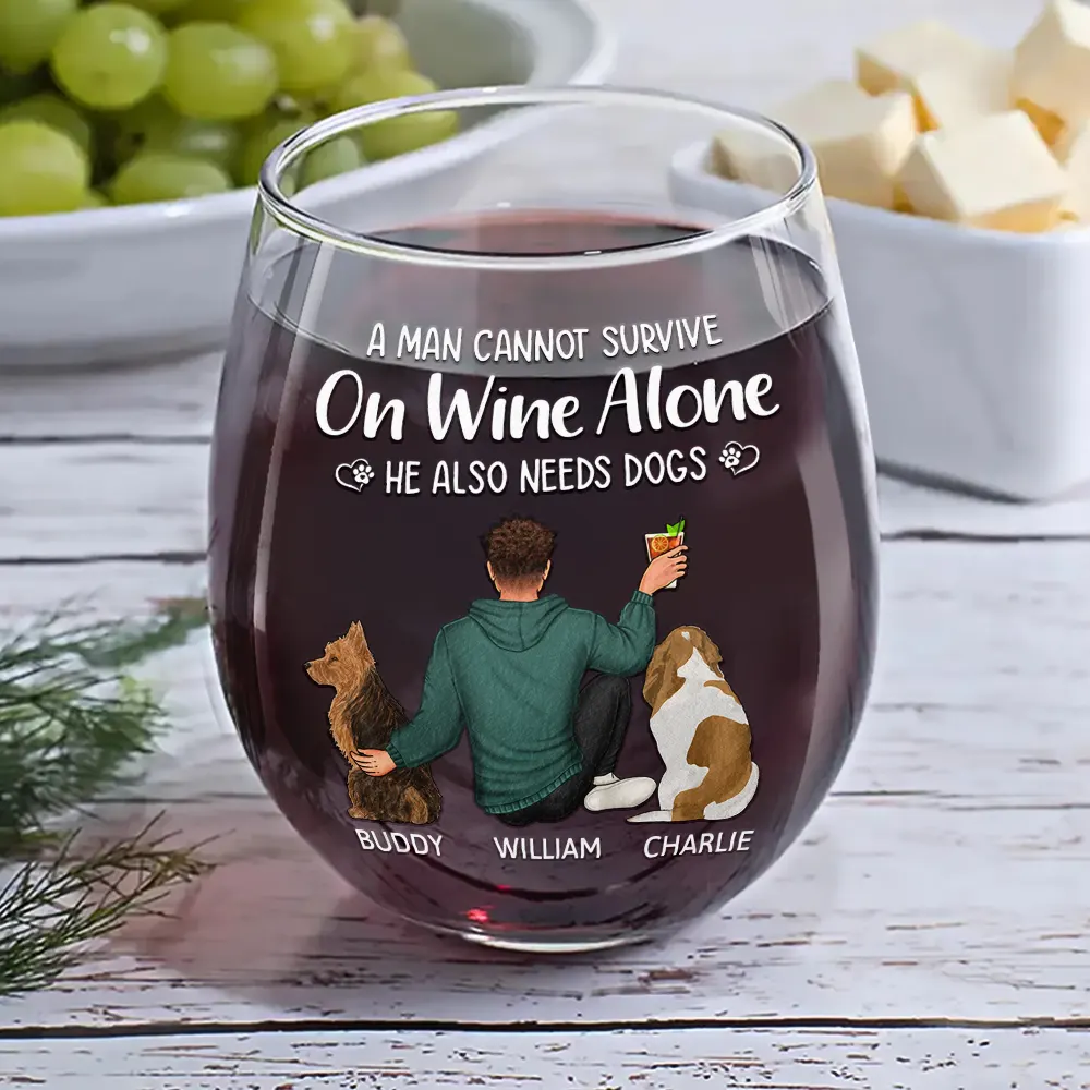 A Woman Cannot Survive On Wine Alone Dog Mom - Personalized Stemless Wine Glass - Image 6