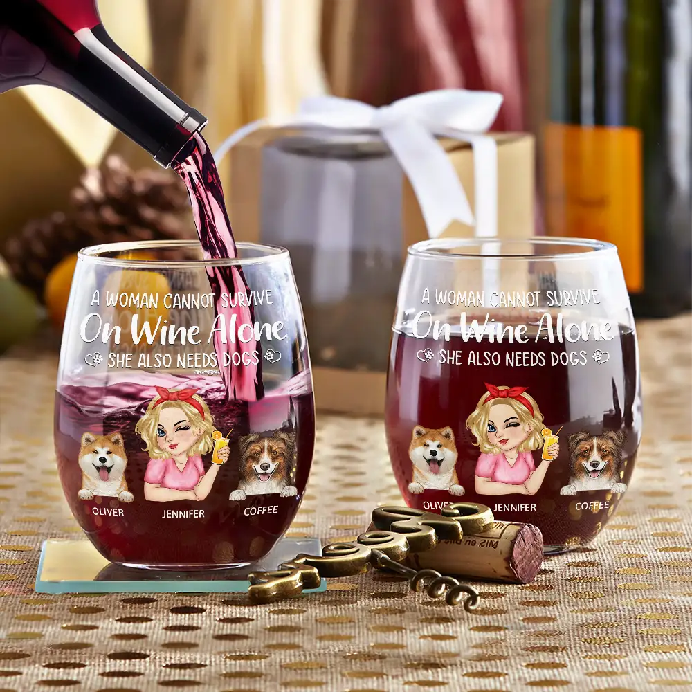 A Woman Cannot Survive On Wine Alone Dog Moms - Personalized Stemless Wine Glass - Image 3