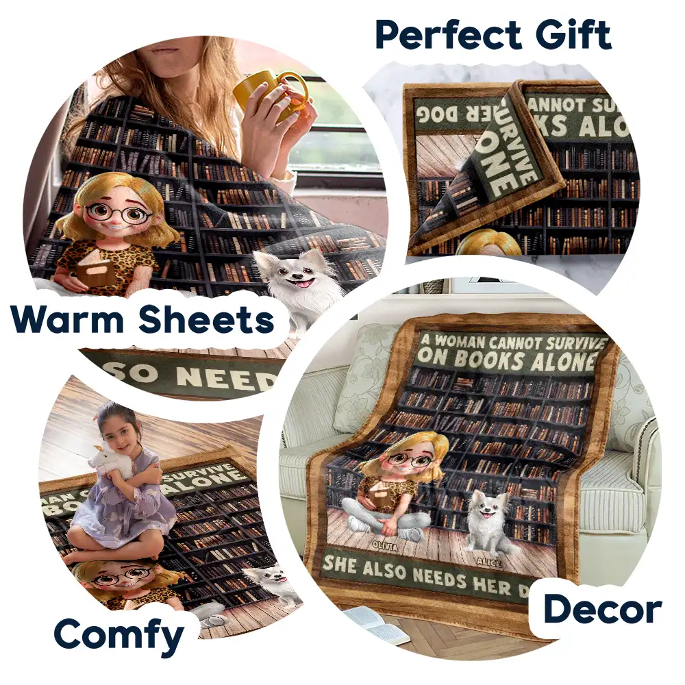 A Woman Man Cannot Survive On Books Alone Dog 3D Effect - Personalized Fleece Blanket, Sherpa Blanket - Image 7