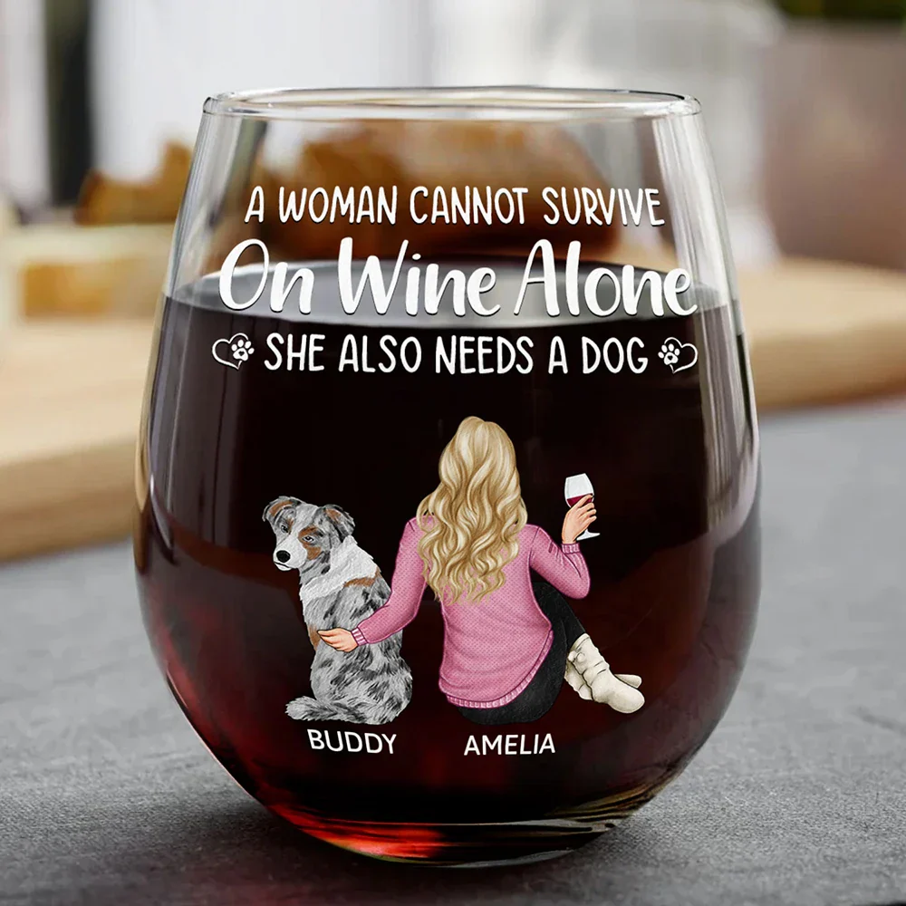A Woman, Wine & Her Dog - Personalized Stemless Wine Glass