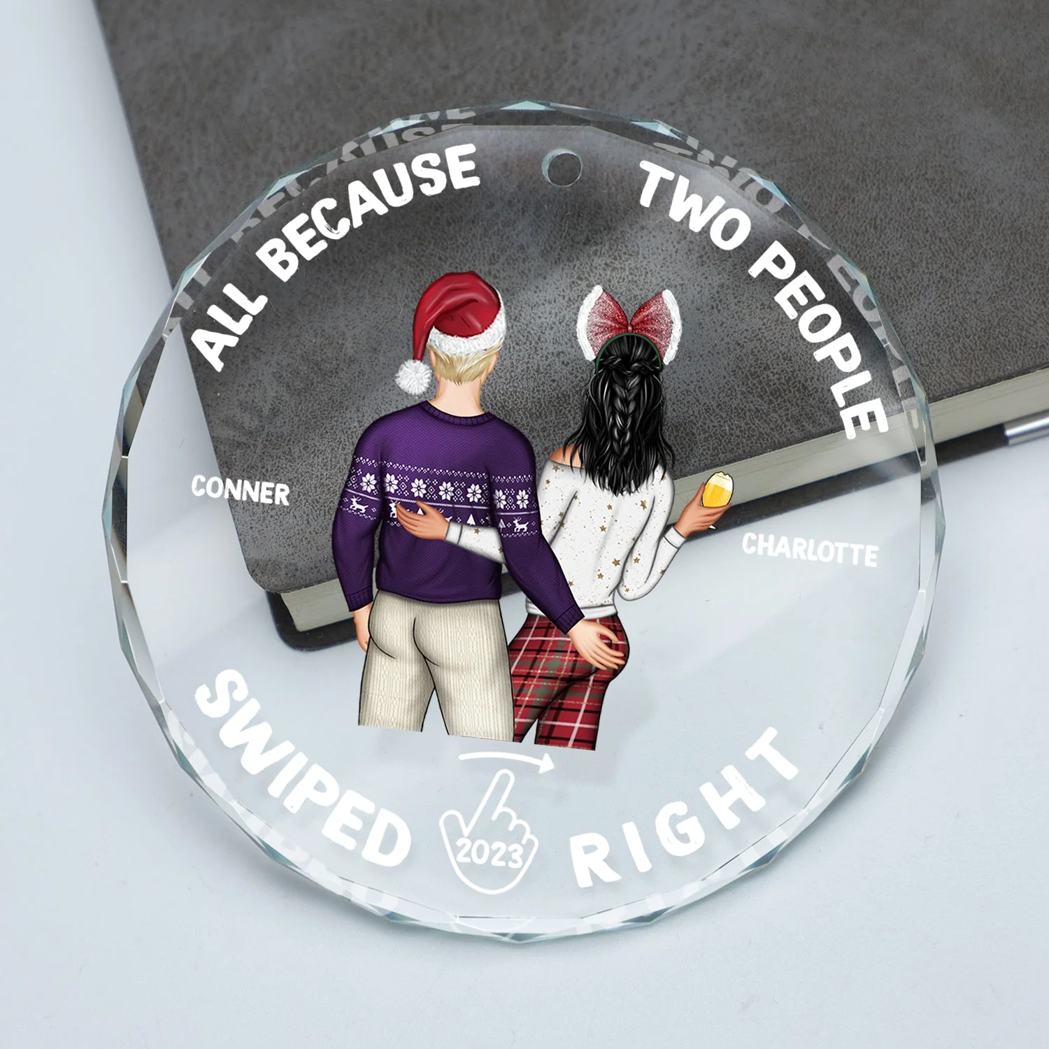 All Because Two People Swiped Right - Christmas Gift For Couples, Husband, Wife - Personalized Circle Glass Ornament - Image 2