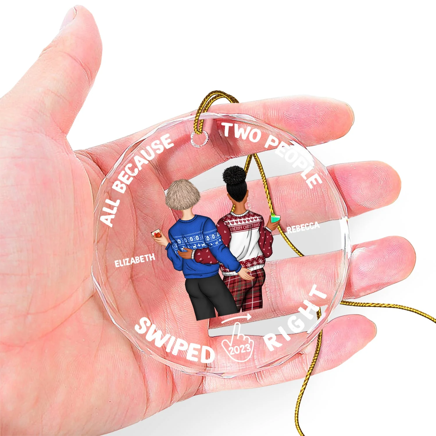 All Because Two People Swiped Right - Christmas Gift For Couples, Husband, Wife - Personalized Circle Glass Ornament - Image 4