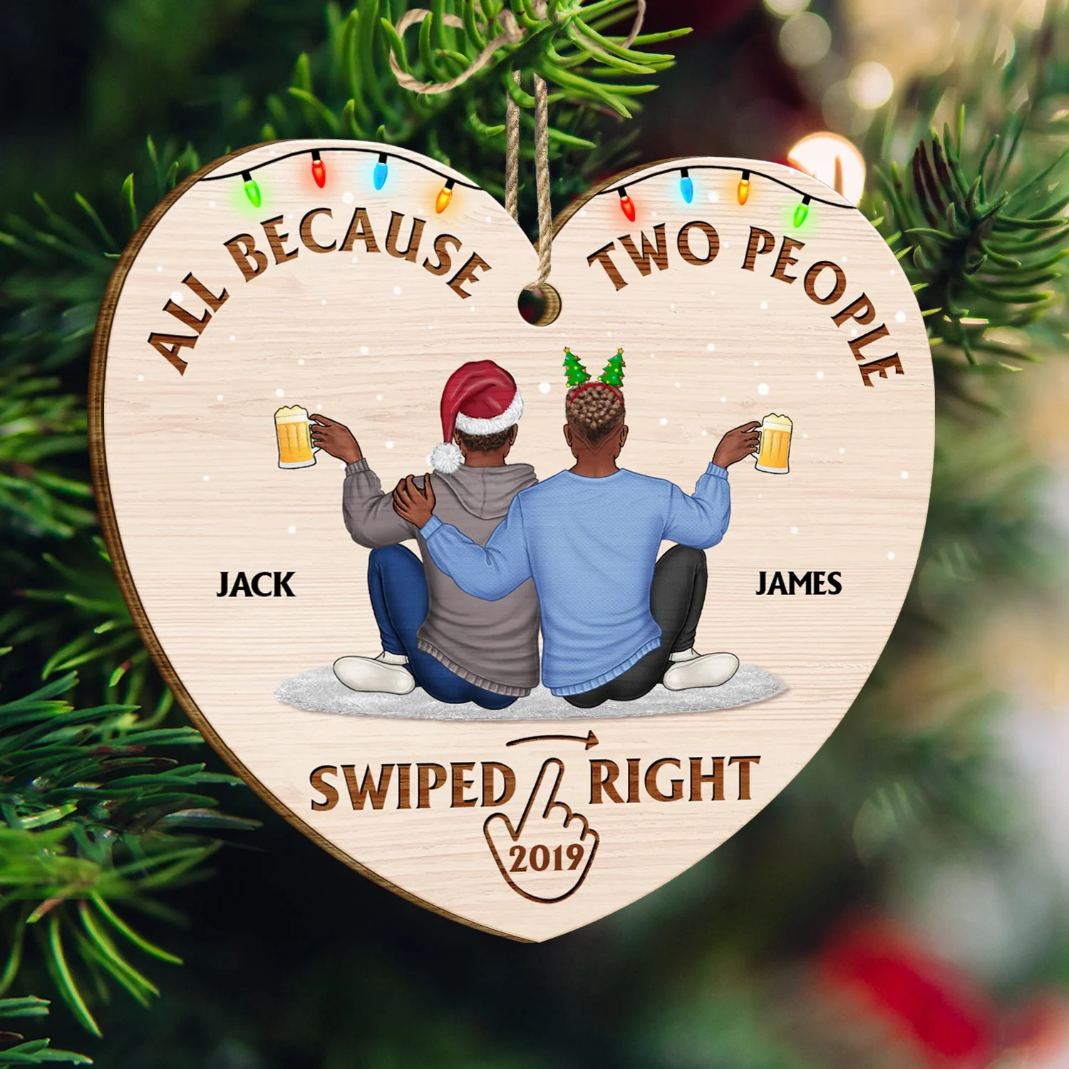 All Because Two People Swiped Right - Christmas Gift For Couples, Husband, Wife - Personalized Custom Shaped Wooden Ornament - Image 3