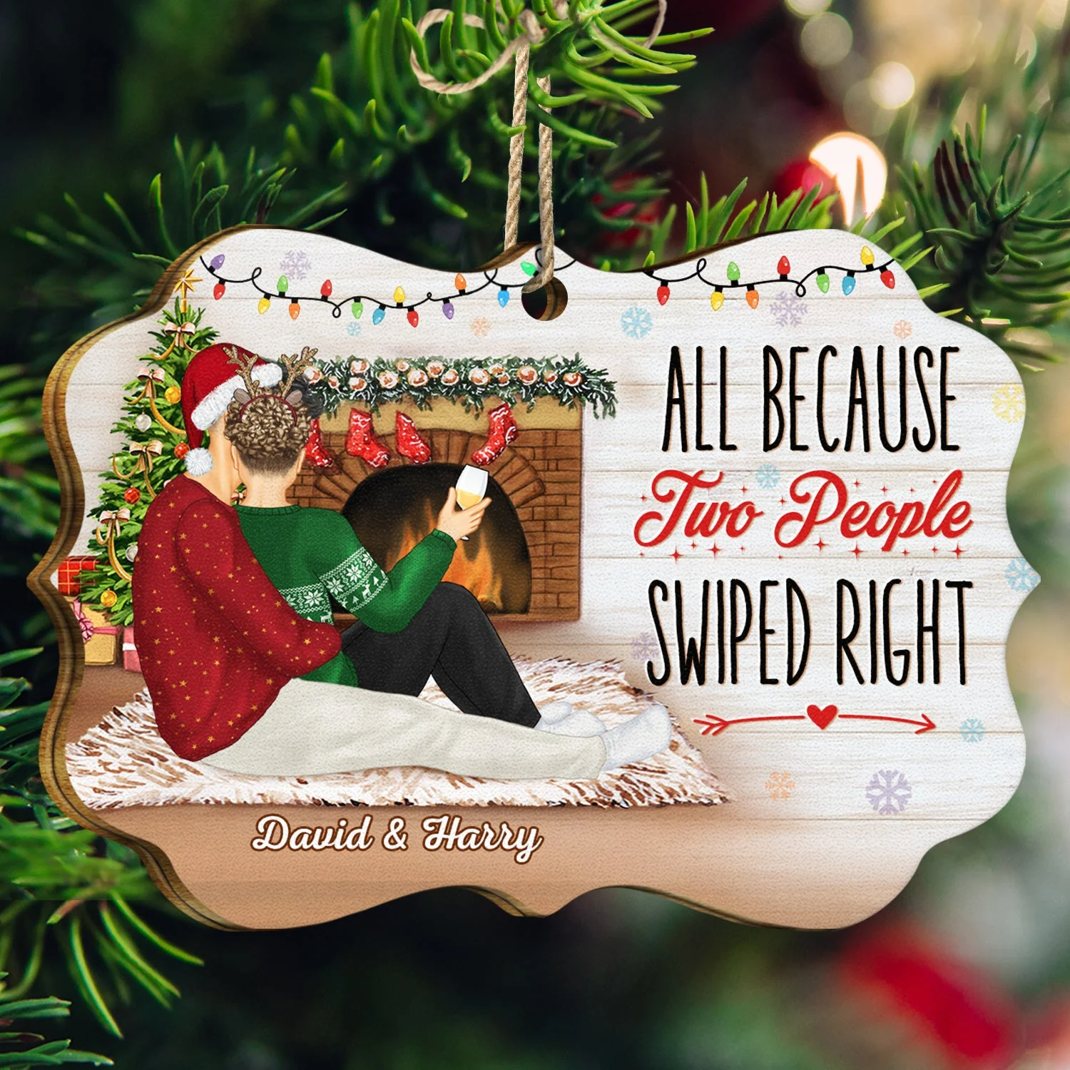 All Because Two People Swiped Right - Christmas Gift For Couples - Personalized Medallion Wooden Ornament - Image 3