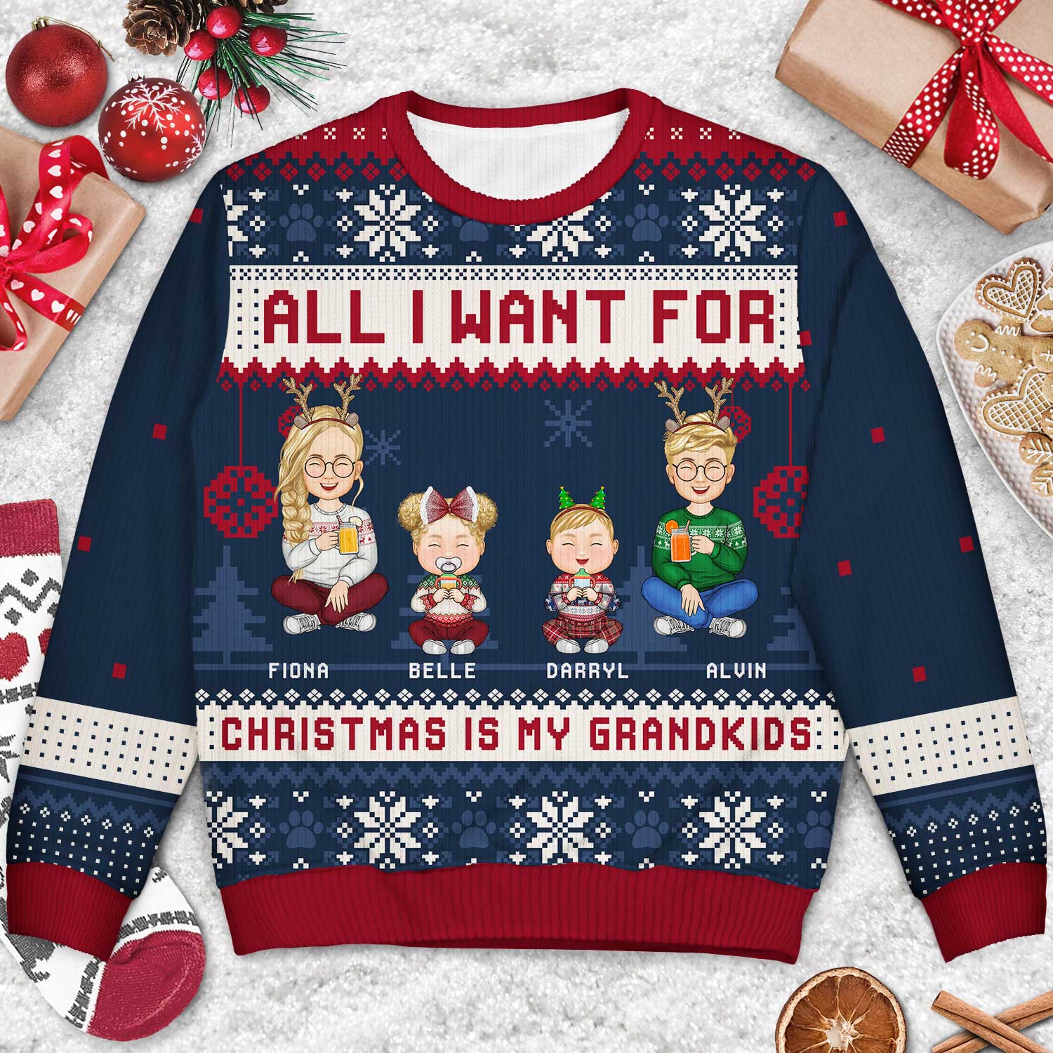 All I Want For Christmas Is My Grandkids - Christmas Gift For Grandma, Grandpa, Grandmother, Grandfather - Personalized Unisex Ugly Sweater - Image 3