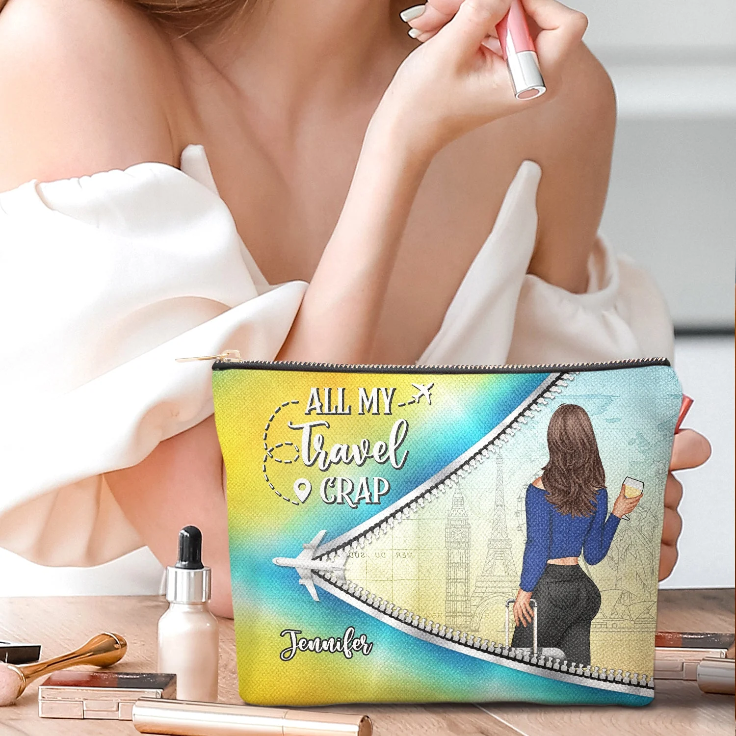 All My Travel Crap - Funny Gift For Traveling Lovers, Travelers, Women - Personalized Cosmetic Bag - Image 2