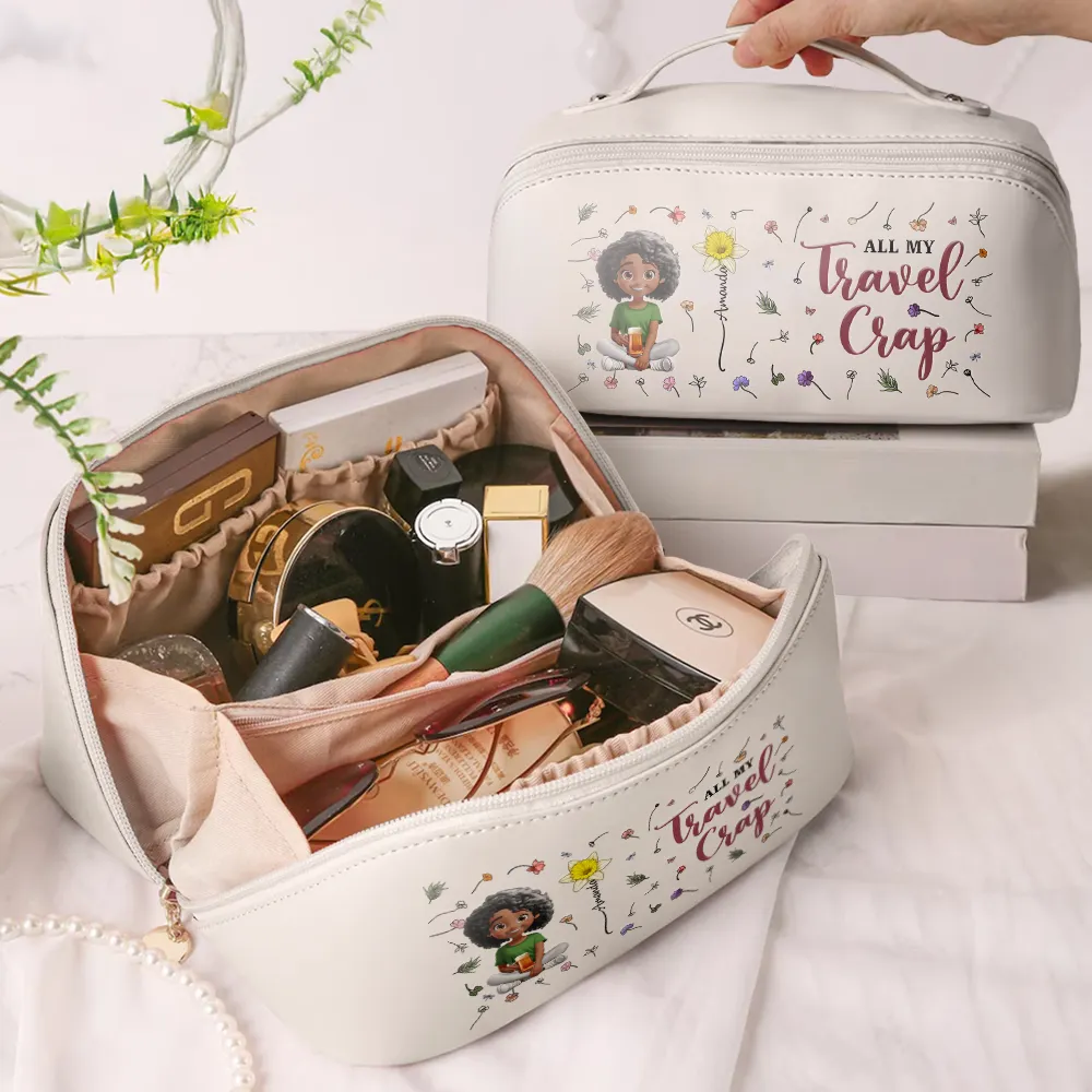 All My Travel Cruise Crap Here Birth Month Flower - Personalized Leather Makeup Bag - Image 2