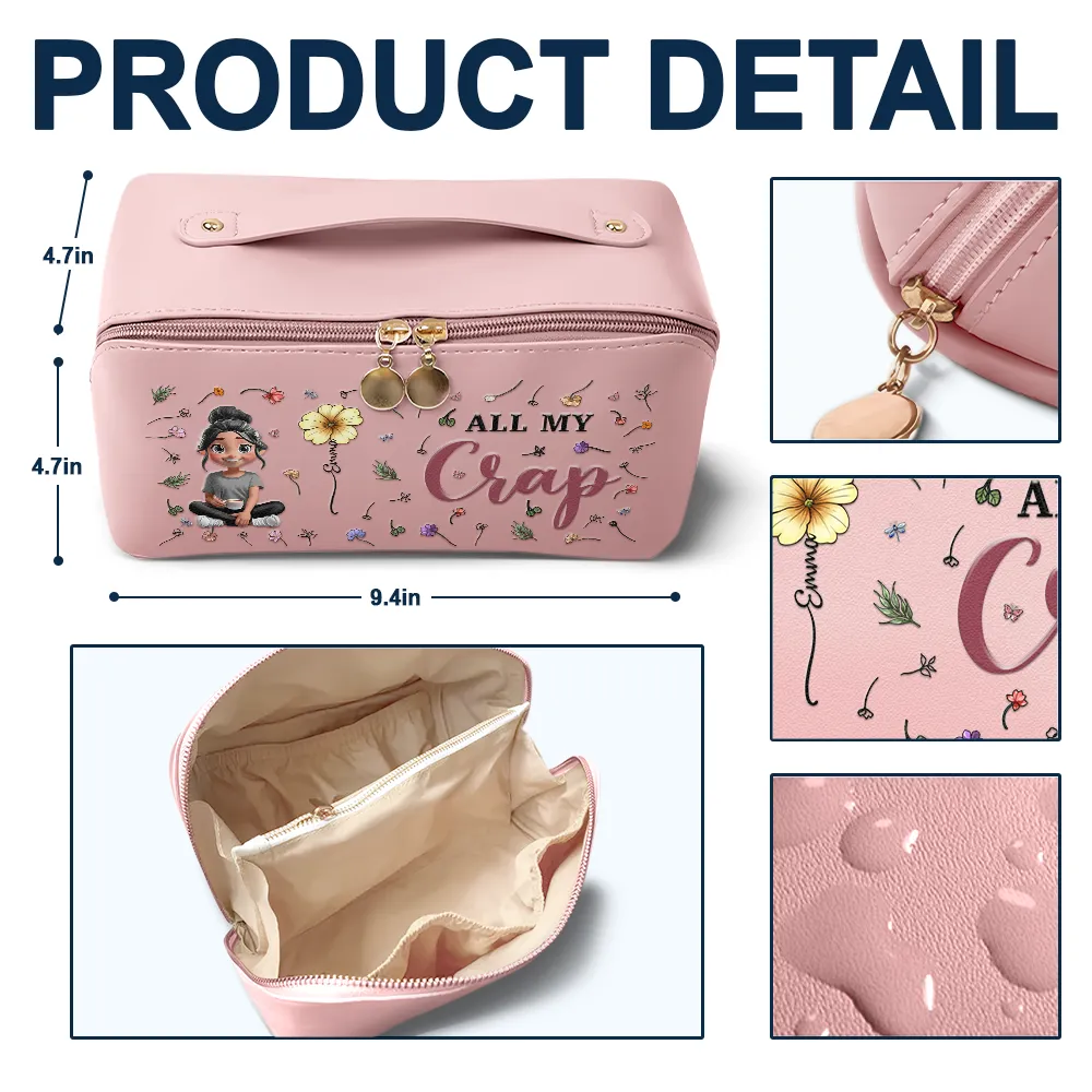 All My Travel Cruise Crap Here Birth Month Flower - Personalized Leather Makeup Bag - Image 4