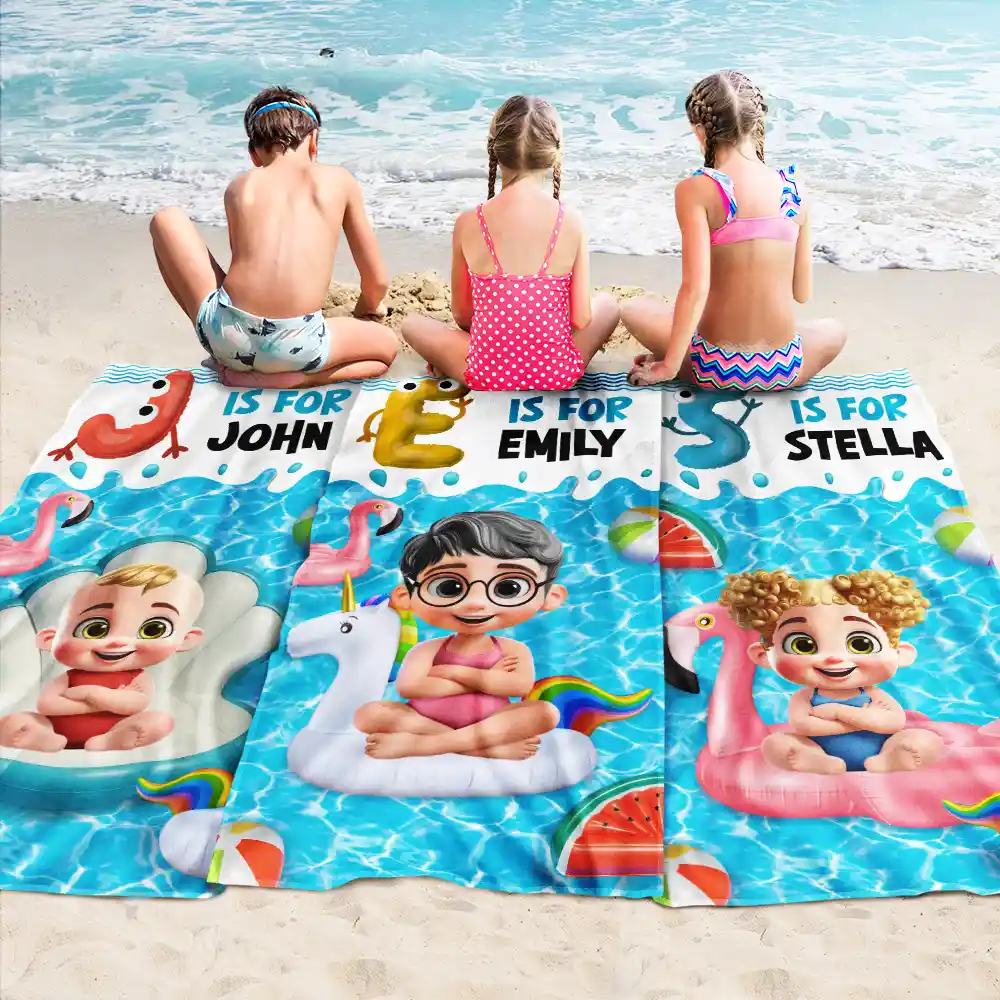 Alphabet Kid Baby On Swimming Pool Float - Personalized Beach Towel - Image 2