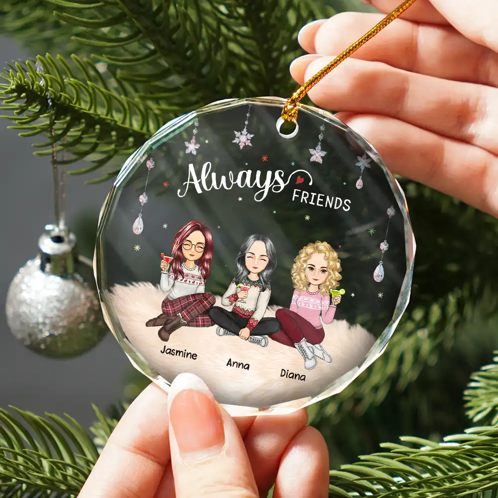 Always Besties Sisters Cartoon - Personalized Circle Glass Ornament - Image 2