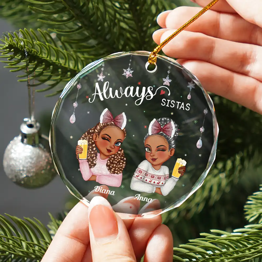 Always Besties Sisters Christmas - Personalized Circle Glass Ornament - Image 2