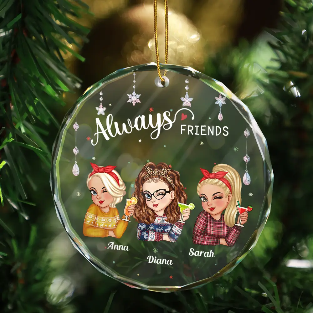 Always Besties Sisters Christmas - Personalized Circle Glass Ornament - Image 3