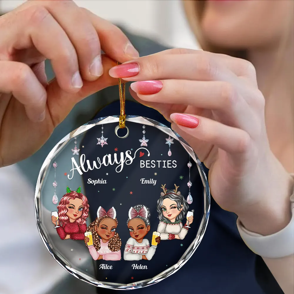 Always Besties Sisters Christmas - Personalized Circle Glass Ornament - Image 4