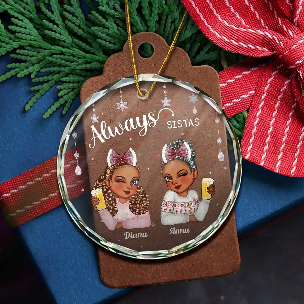Always Besties Sisters Christmas - Personalized Circle Glass Ornament - Image 5