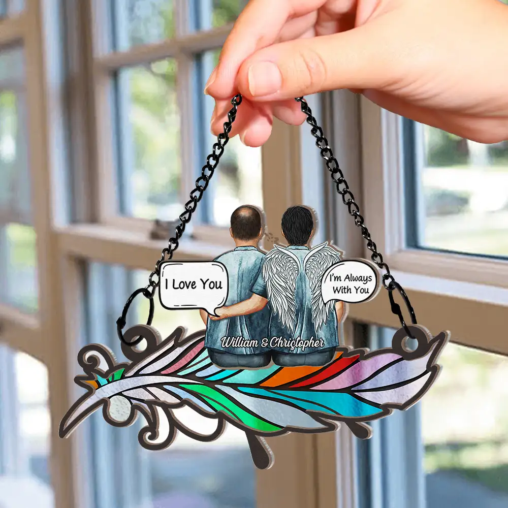 Always In My Heart Aged Couple Stain Glass Feather - Personalized Window Hanging Suncatcher Ornament - Image 2