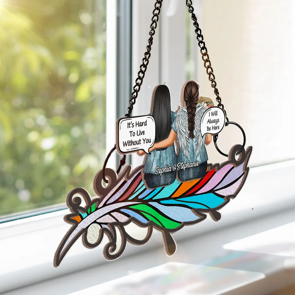 Always In My Heart Aged Couple Stain Glass Feather - Personalized Window Hanging Suncatcher Ornament - Image 3