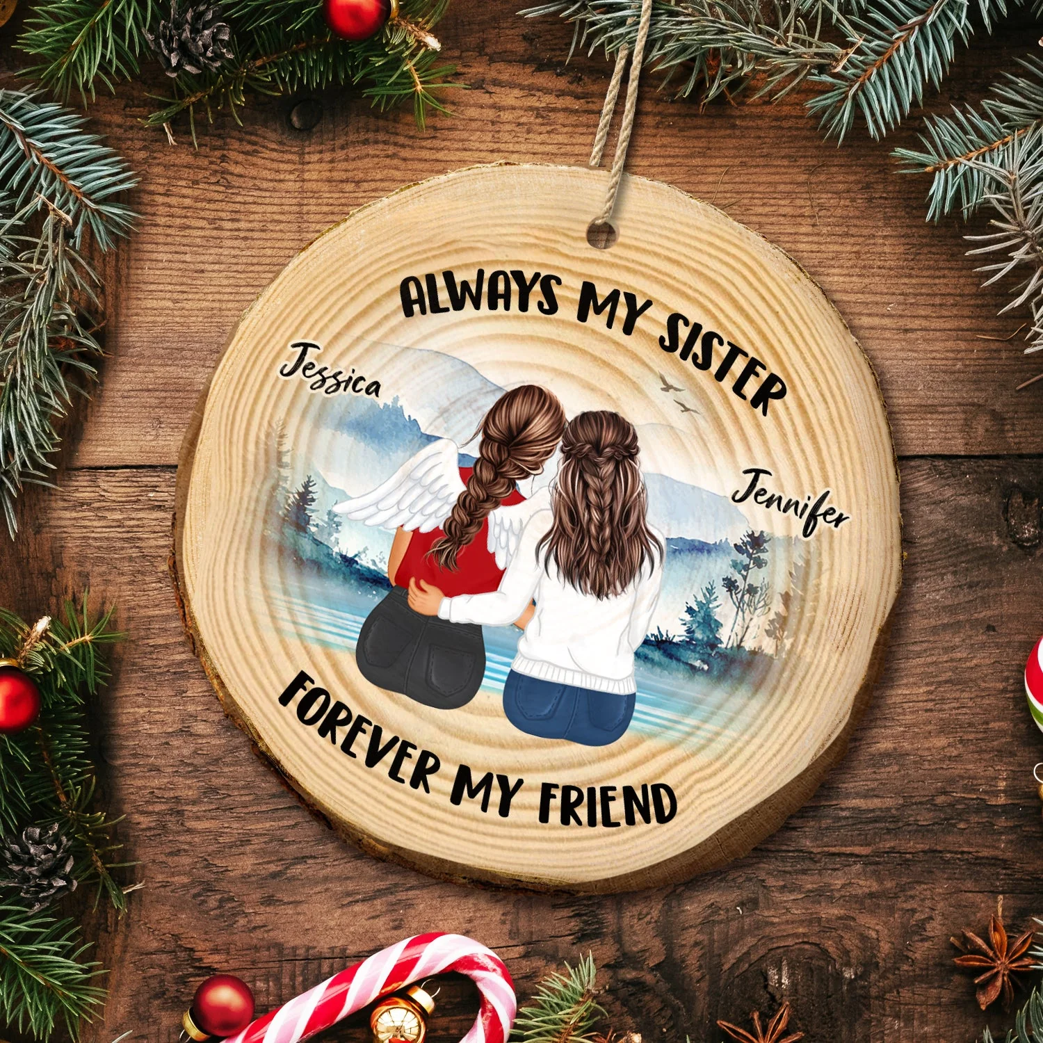 Always My Sisters - Christmas Gift For Sisters - Personalized Wood Slice Ornament - Image 5