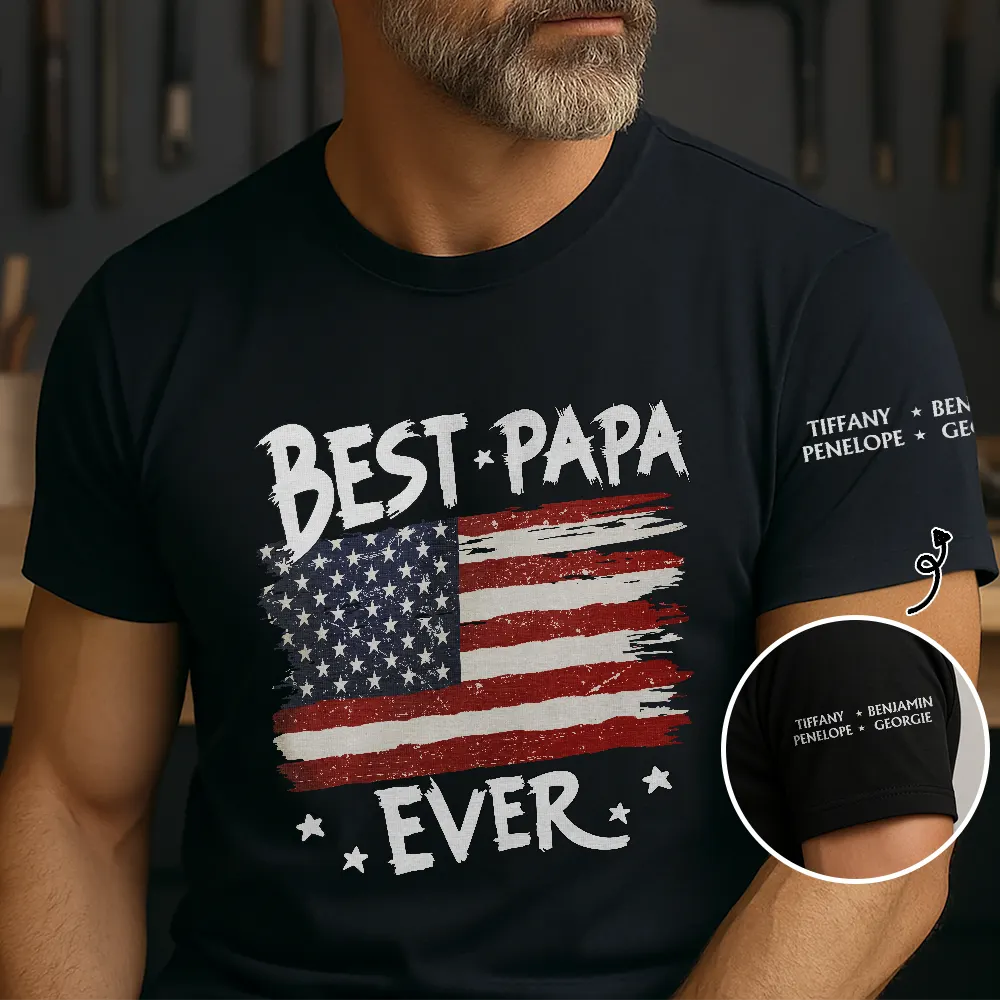 Always Proud To Be Stars And Stripes Dad Papa With Names On Sleeves - Personalized T Shirt - Image 2