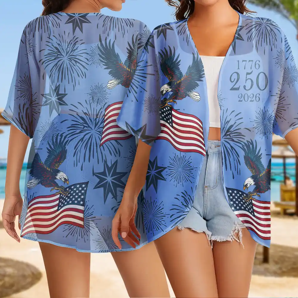 America 250 Anniversary Eagle USA Flag Custom Name - Personalized Women Kimono Cardigan - Image 3