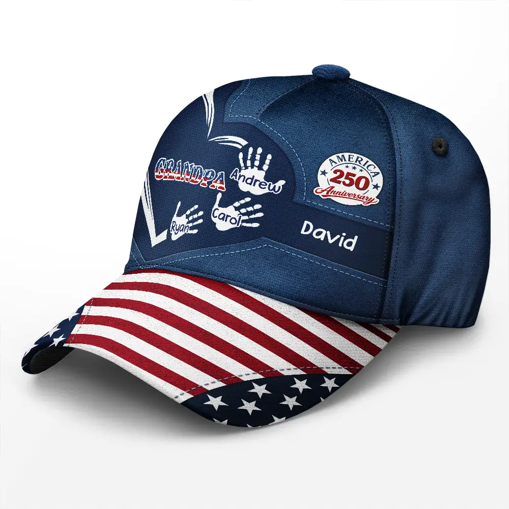 America 250 Anniversary Grandpa Dad Kids Handprints - Personalized Classic Cap - Image 2