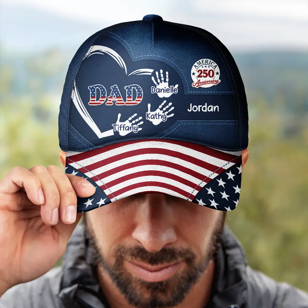 America 250 Anniversary Grandpa Dad Kids Handprints - Personalized Classic Cap - Image 4