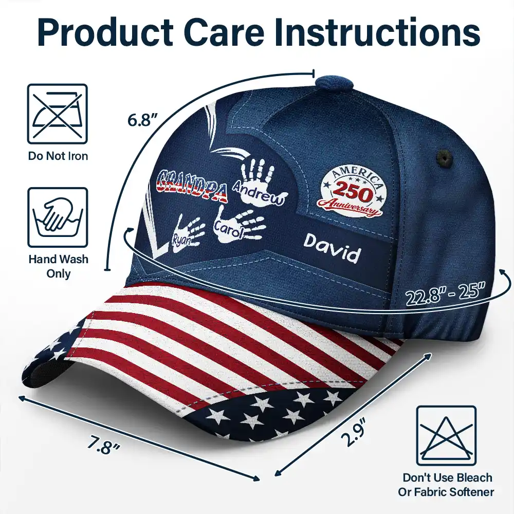 America 250 Anniversary Grandpa Dad Kids Handprints - Personalized Classic Cap - Image 7