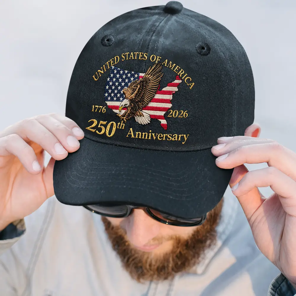 America 250 Faux Embroidery Patriotic Eagle - Vintage Washed Denim Cap - Image 2