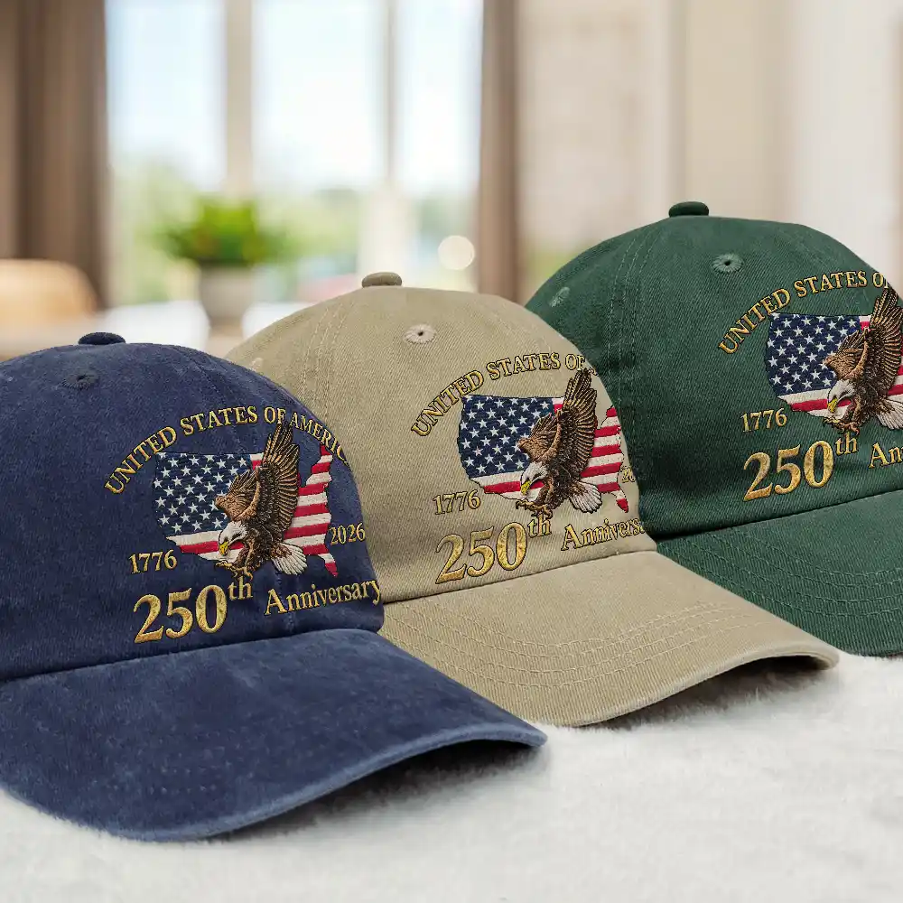 America 250 Faux Embroidery Patriotic Eagle - Vintage Washed Denim Cap - Image 3