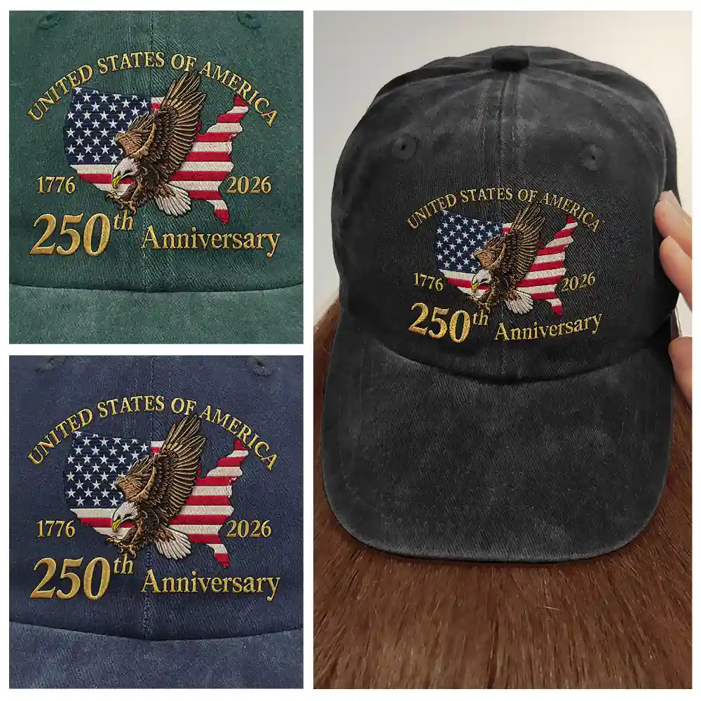 America 250 Faux Embroidery Patriotic Eagle - Vintage Washed Denim Cap - Image 4