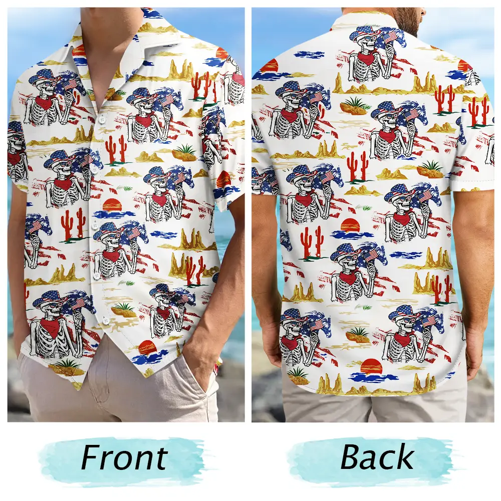 America 250 Years Cowboy Skeleton Pattern - Hawaiian Shirt - Image 5
