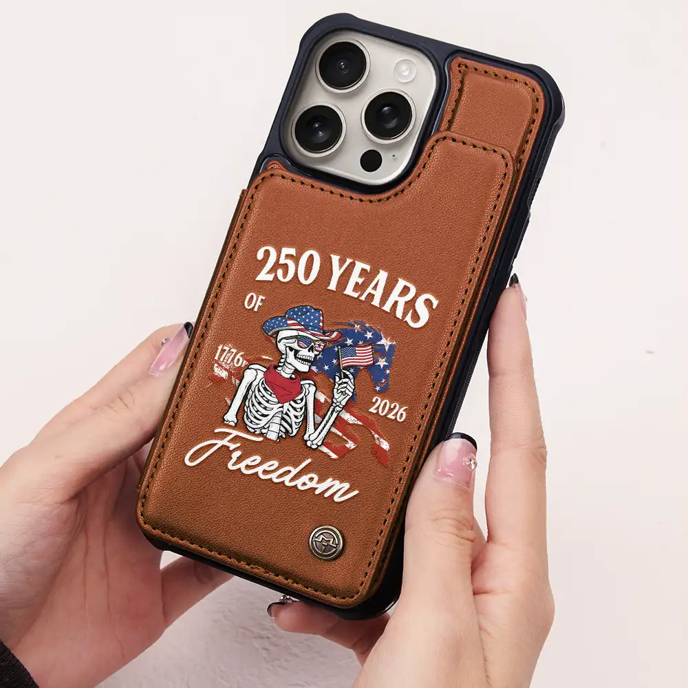 America 250 Years Of Freedom Cowboy Skeleton - Leather Flip Wallet Phone Case - Image 2
