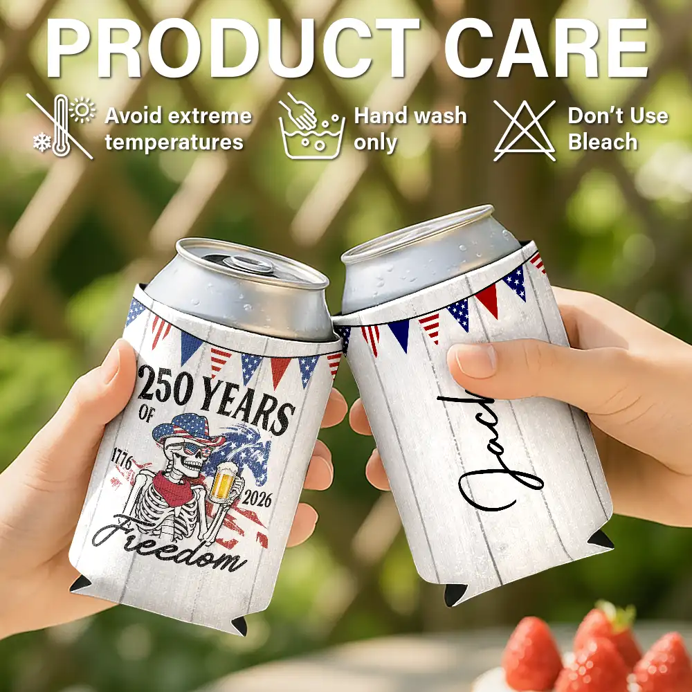 America 250 Years Of Freedom Cowboy Skeleton - Personalized Can Cooler Sleeve - Image 6