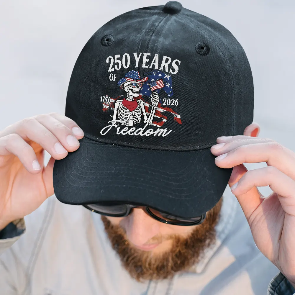 America 250 Years Of Freedom Cowboy Skeleton - Vintage Washed Denim Cap - Image 2