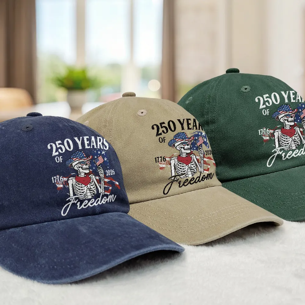 America 250 Years Of Freedom Cowboy Skeleton - Vintage Washed Denim Cap - Image 3