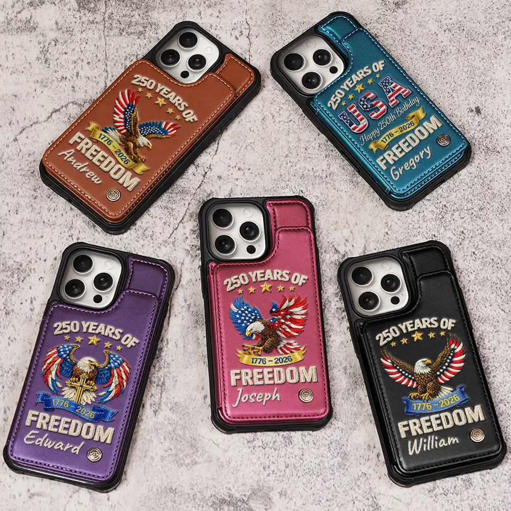 America 250 Years Of Freedom Embroidery Effect Prints - Personalized Leather Flip Wallet Phone Case - Image 3