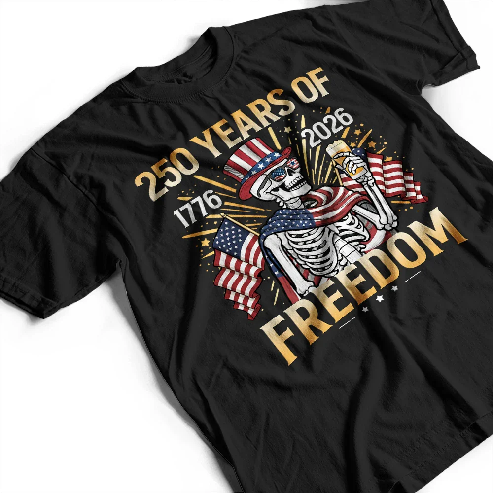 America 250 Years Of Freedom Patriotic Skeleton - T Shirt - Image 3