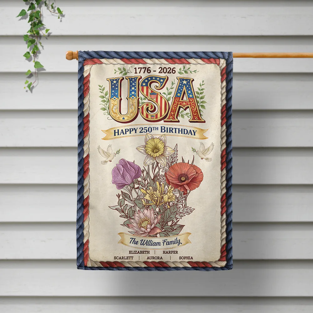 America 250th Birthday Birth Flowers Garden - Personalized Flag - Image 2