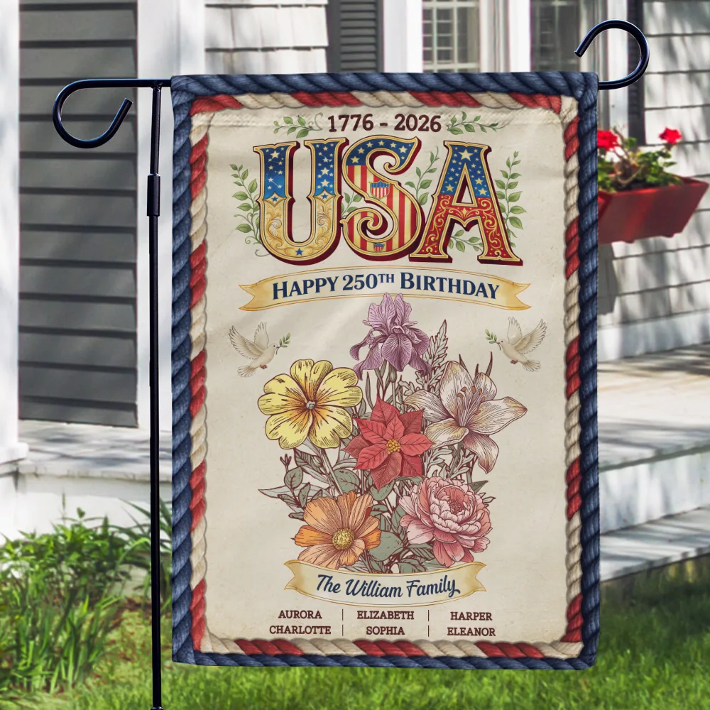 America 250th Birthday Birth Flowers Garden - Personalized Flag - Image 3
