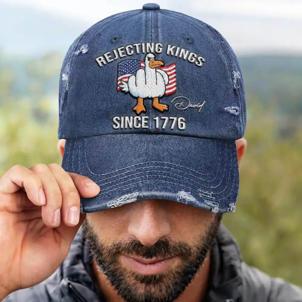 America Rejecting Kings Since 1776 Give Them The Bird - Personalized Embroidered Distressed Cap - Image 4