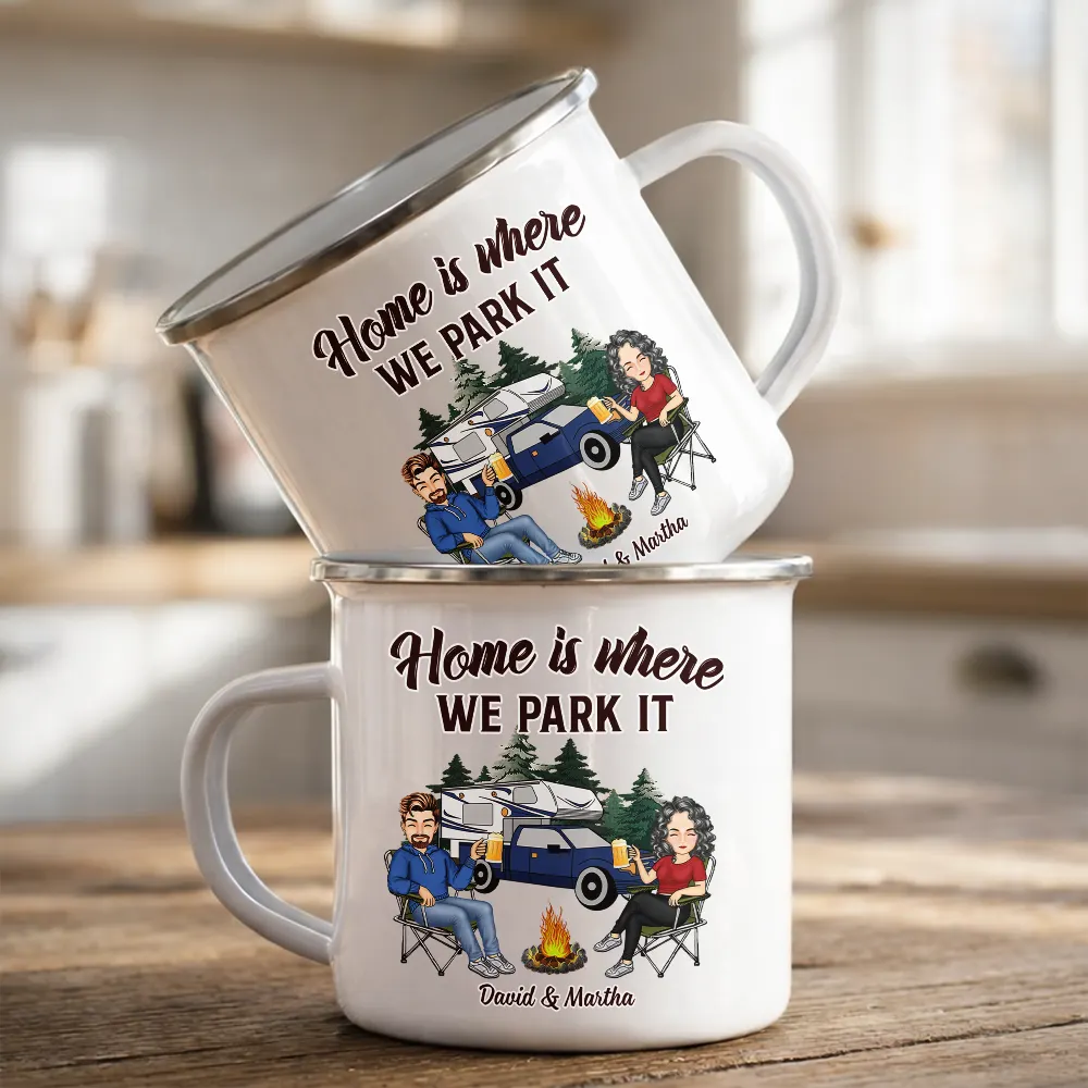 And So The Adventure Begins Cartoon Couple Camping - Personalized Enamel Mug - Image 2