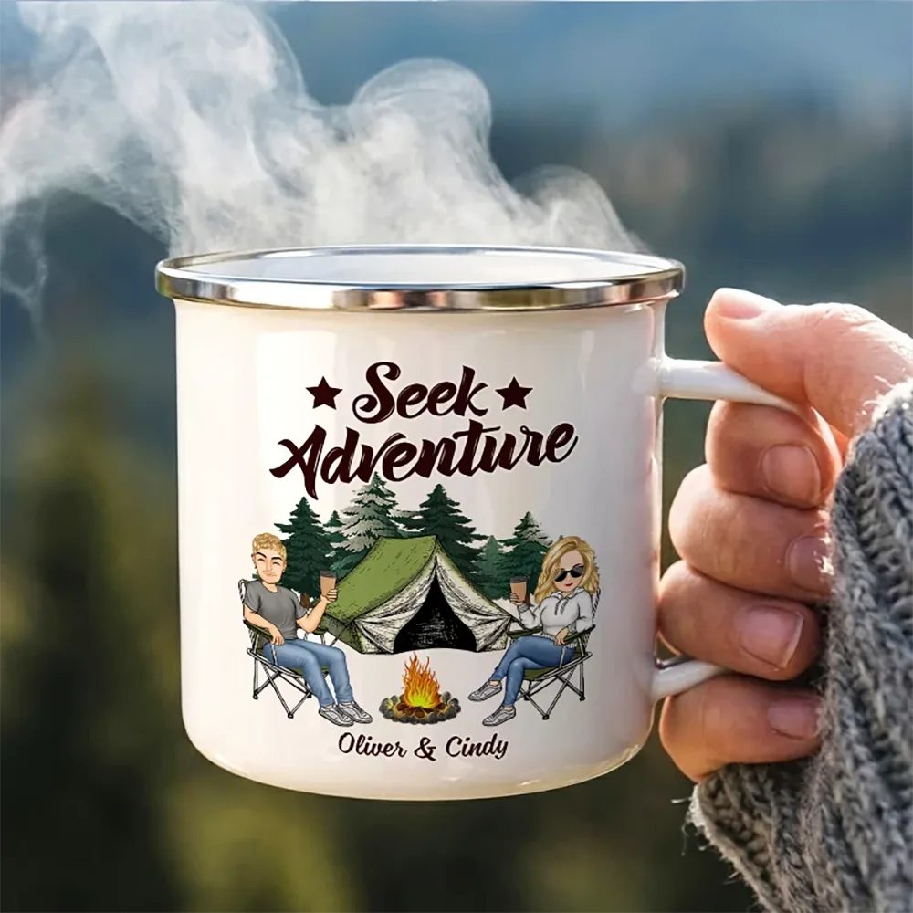 And So The Adventure Begins Cartoon Couple Camping - Personalized Enamel Mug - Image 3