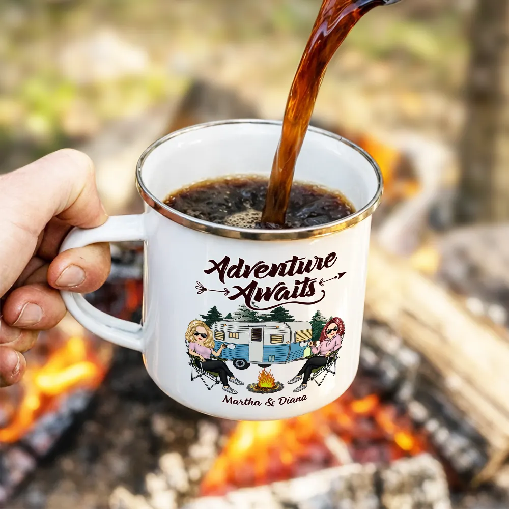 And So The Adventure Begins Cartoon Couple Camping - Personalized Enamel Mug - Image 4