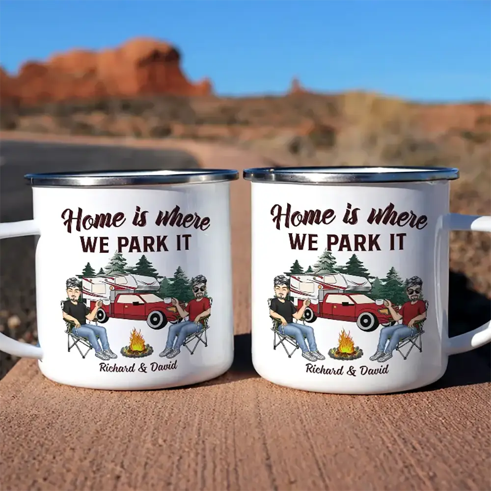 And So The Adventure Begins Cartoon Couple Camping - Personalized Enamel Mug - Image 6