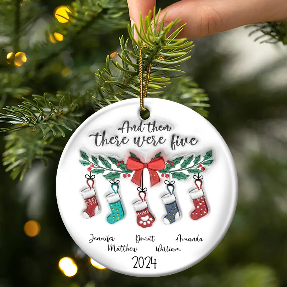 And The There Were Family Christmas - 3D Inflated Effect Printed Ornament, Personalized Circle Ceramic Ornament - Image 3