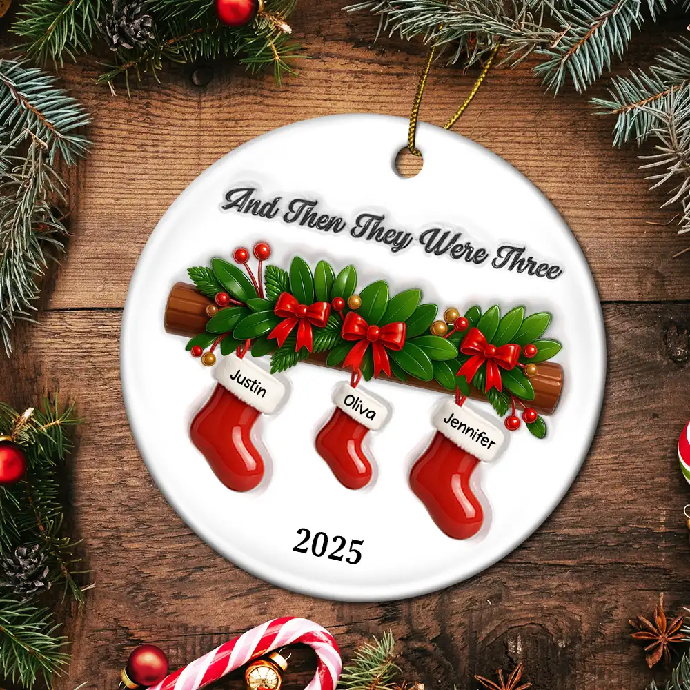 And Then There Were Four Stockings Family - 3D Inflated Effect Printed Ornament, Personalized Circle Ceramic Ornament - Image 5
