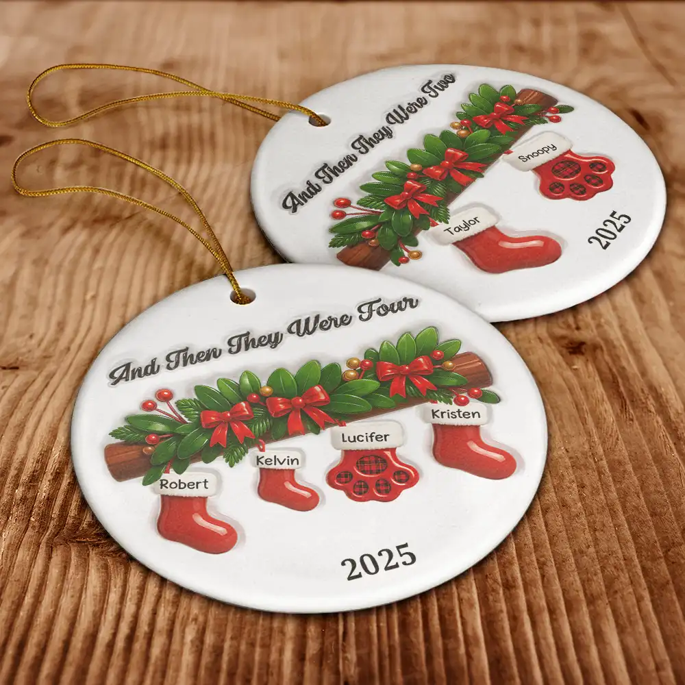 And Then There Were Four Stockings Family - 3D Inflated Effect Printed Ornament, Personalized Circle Ceramic Ornament - Image 6