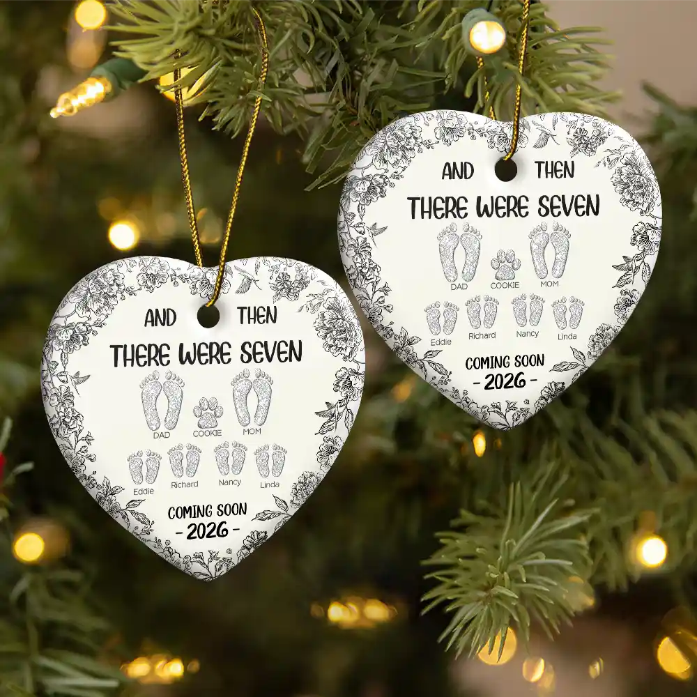 And Then There Were Toile Footprints Family - Personalized Heart Ceramic Ornament - Image 2