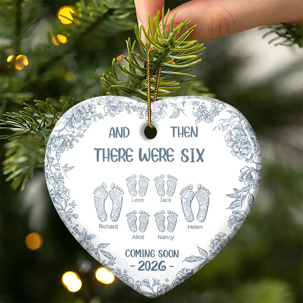 And Then There Were Toile Footprints Family - Personalized Heart Ceramic Ornament - Image 3