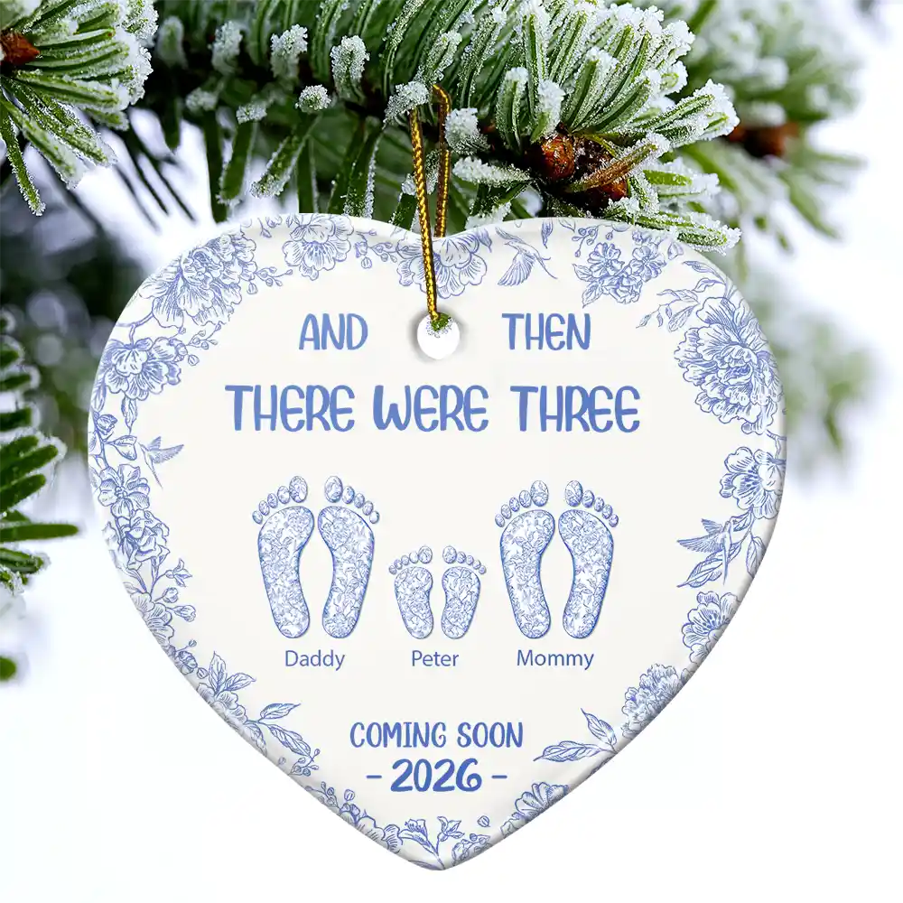 And Then There Were Toile Footprints Family - Personalized Heart Ceramic Ornament - Image 4