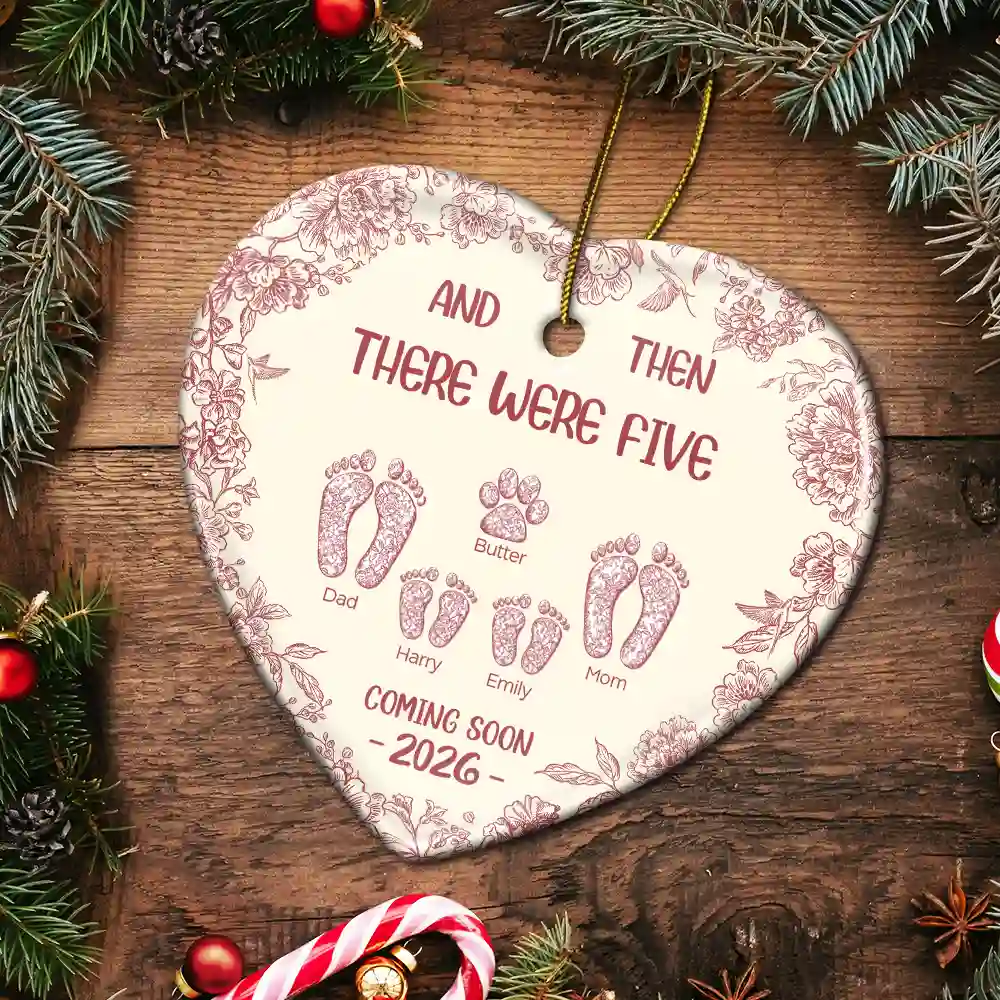 And Then There Were Toile Footprints Family - Personalized Heart Ceramic Ornament - Image 5